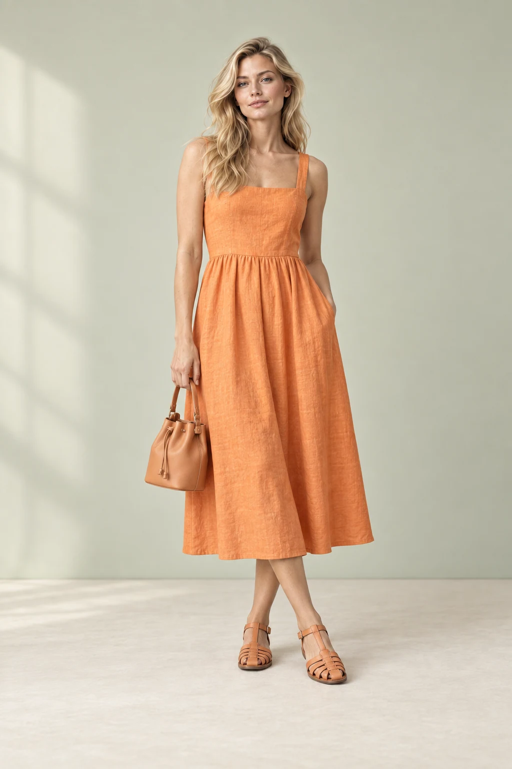 Tangerine dream dress on Dolly’s sample model