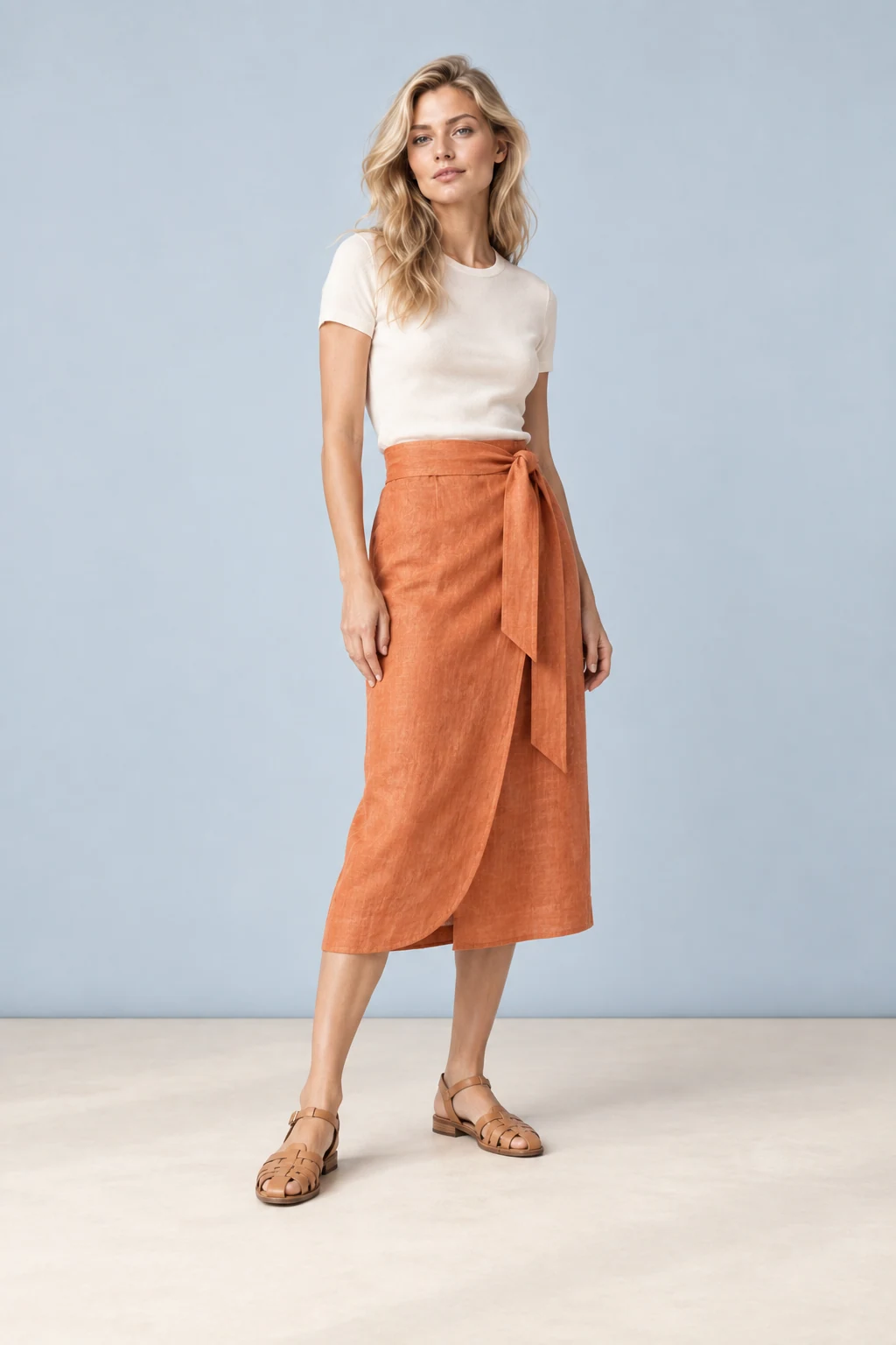 The apricot wrap midi, shown on the sample model