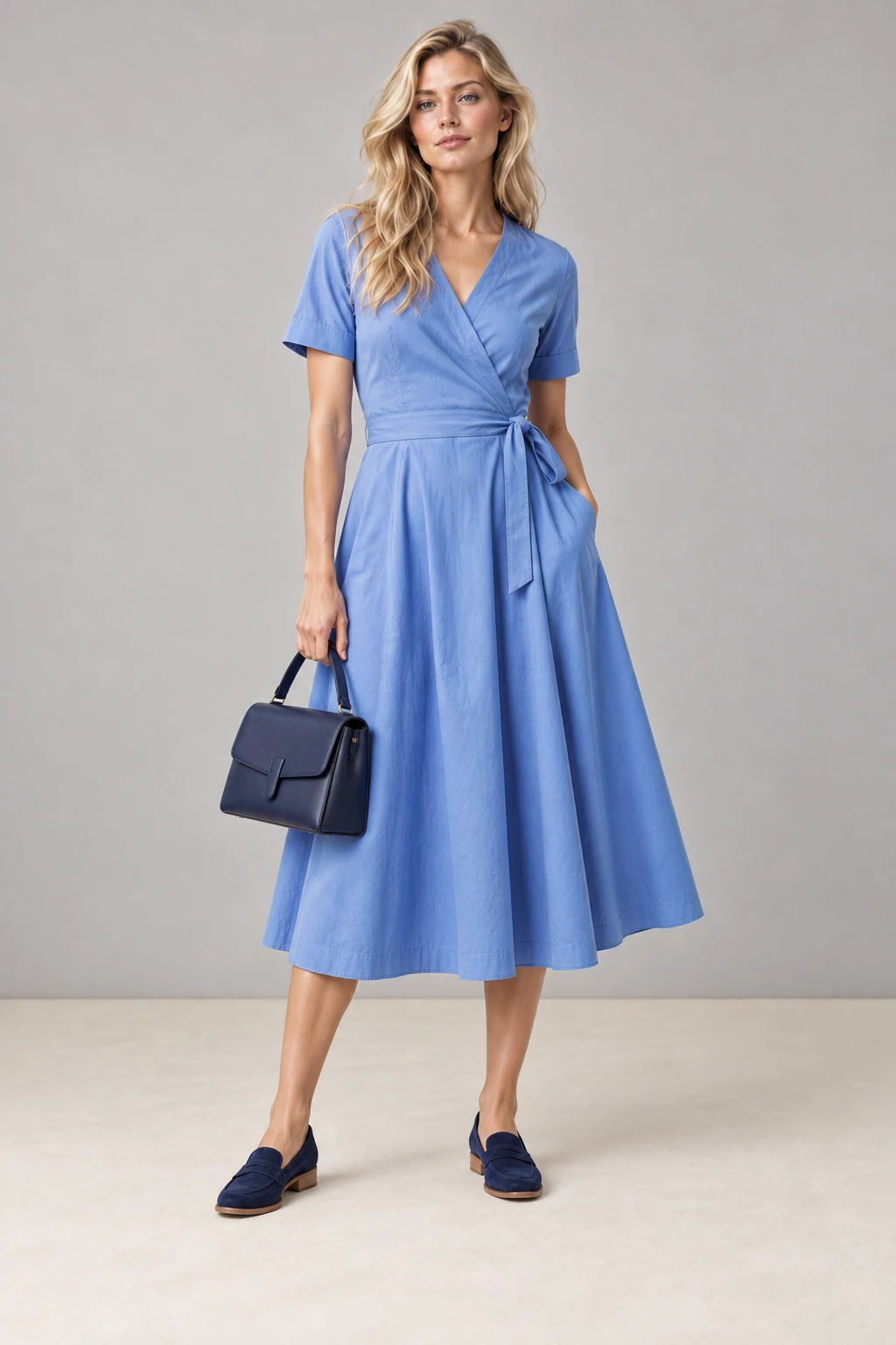 Blue note dress on Dolly’s sample model