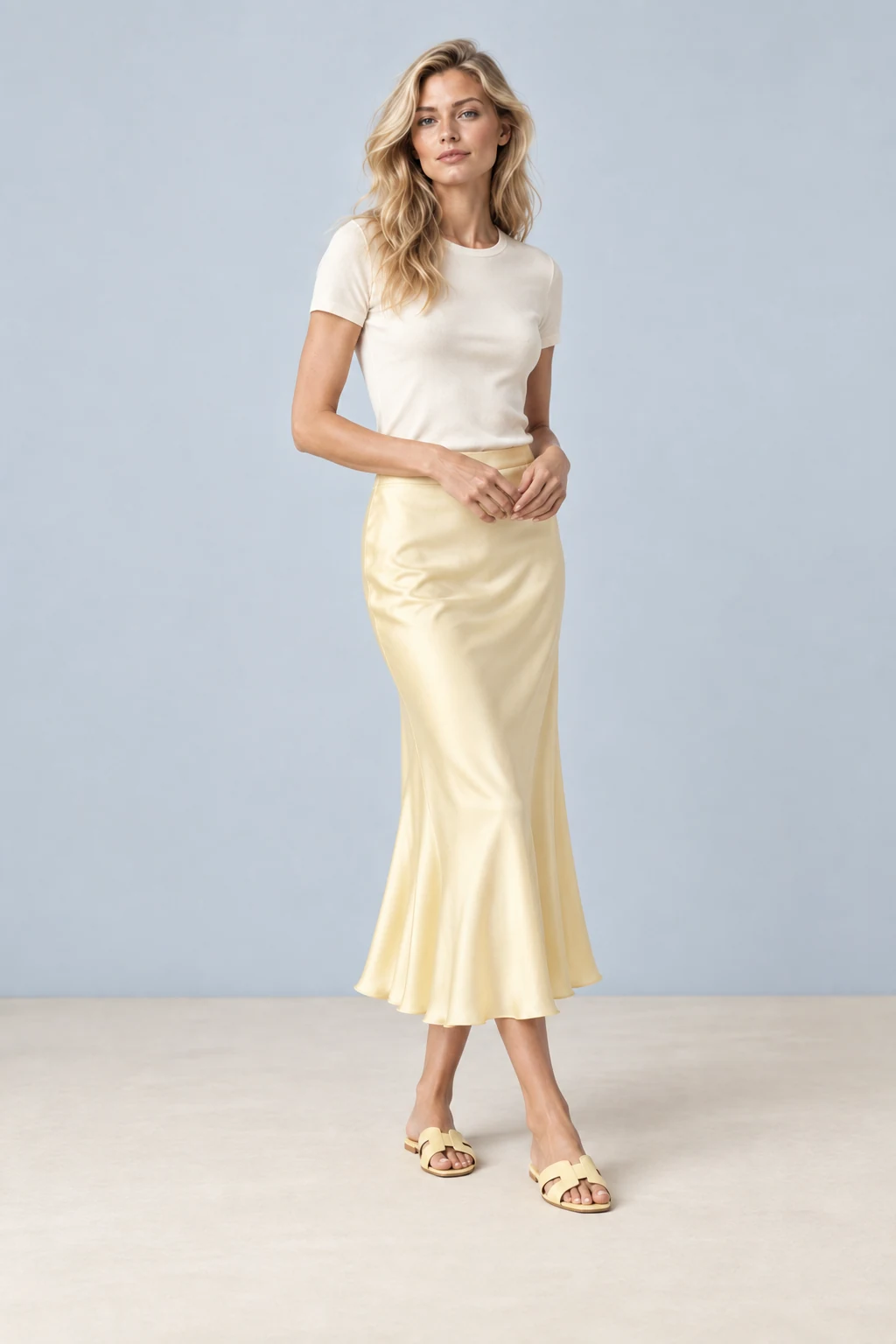 The butter slip skirt, shown on the sample model