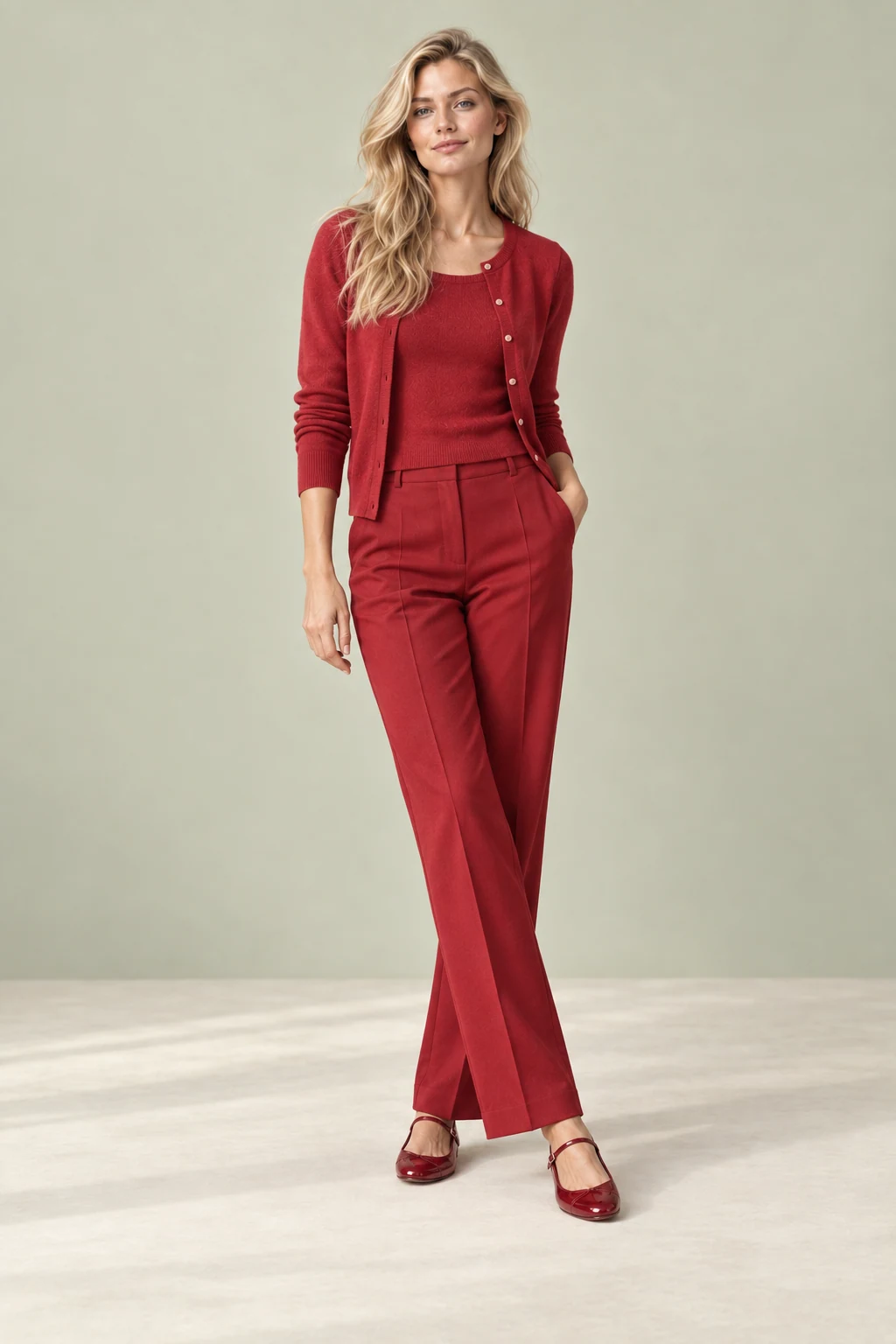 The cherry twinset, shown on the sample model