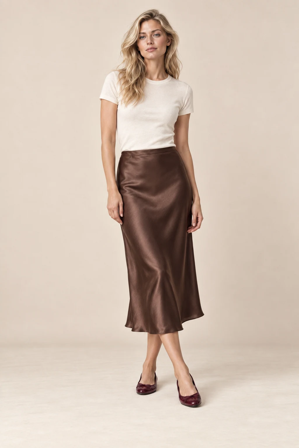 The chocolate slip skirt, shown on the sample model