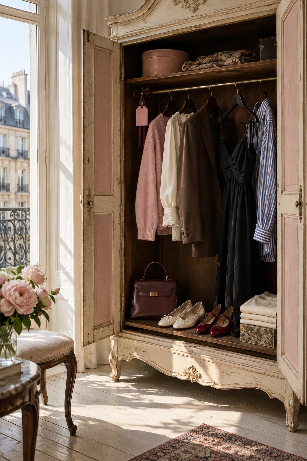 An open vintage wardrobe with pink, cream, and black clothes