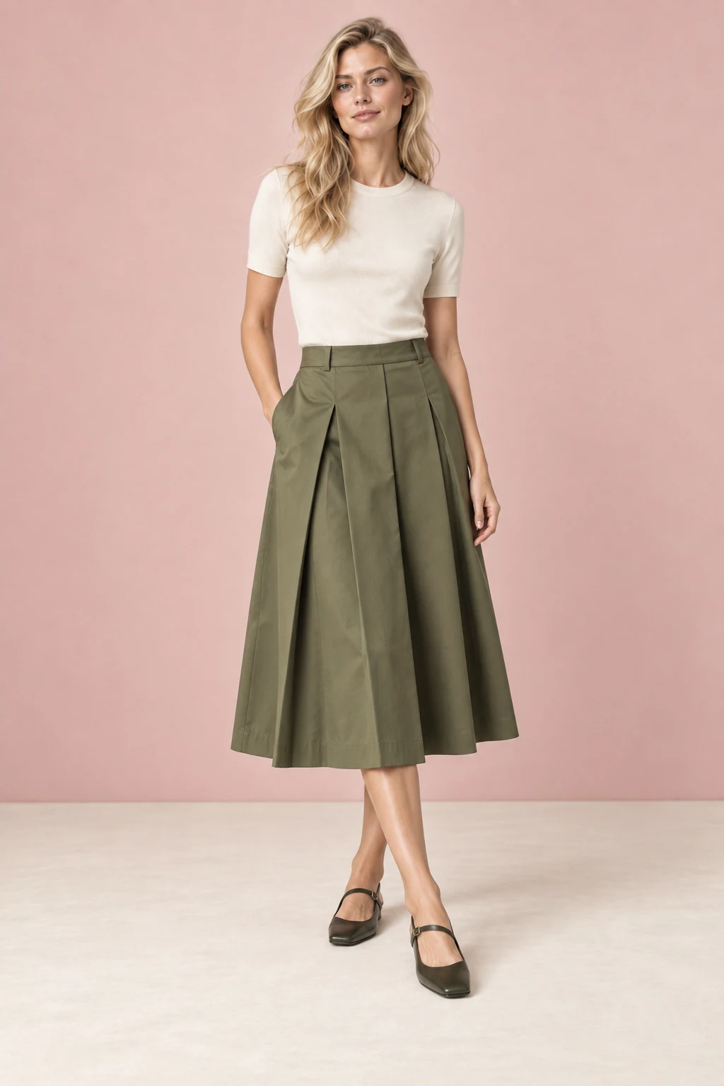 The gallery pleated skirt, shown on the sample model