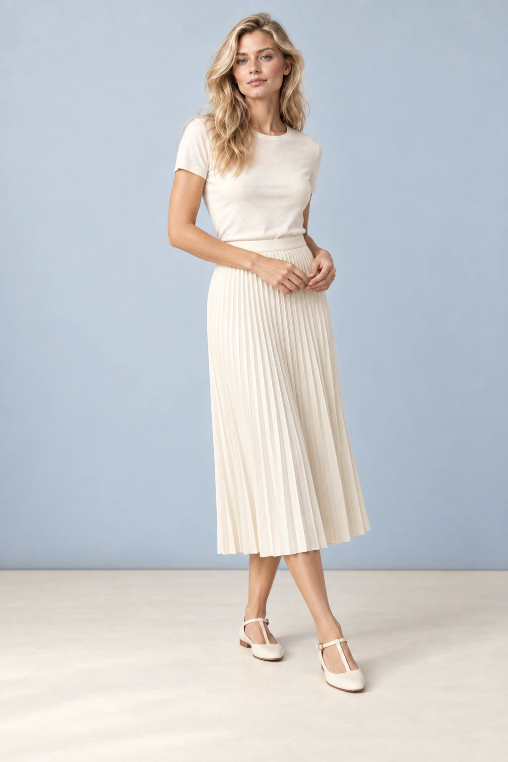 The ivory pleat skirt, shown on the sample model
