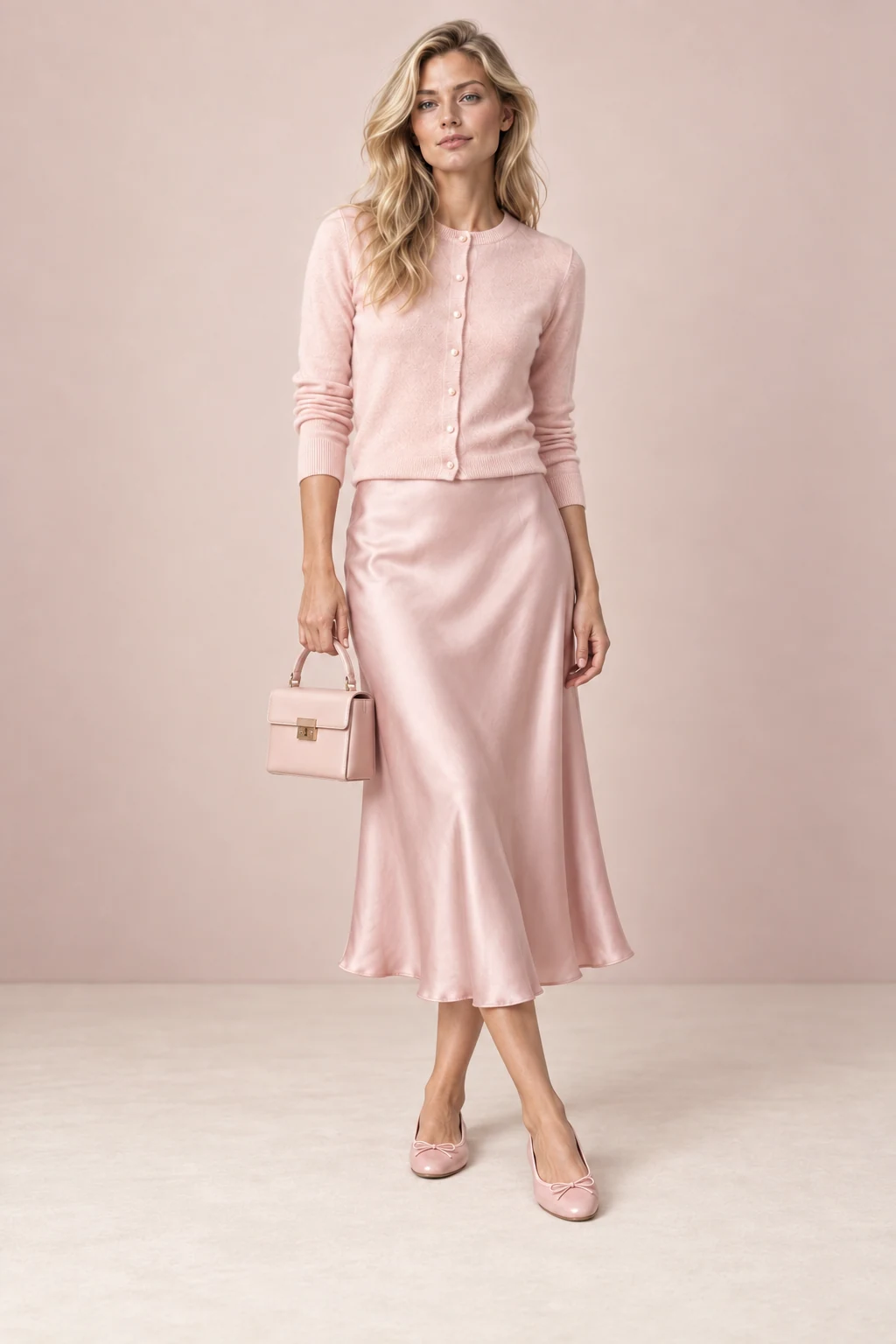 The pink cardigan, styled on Dolly’s sample model