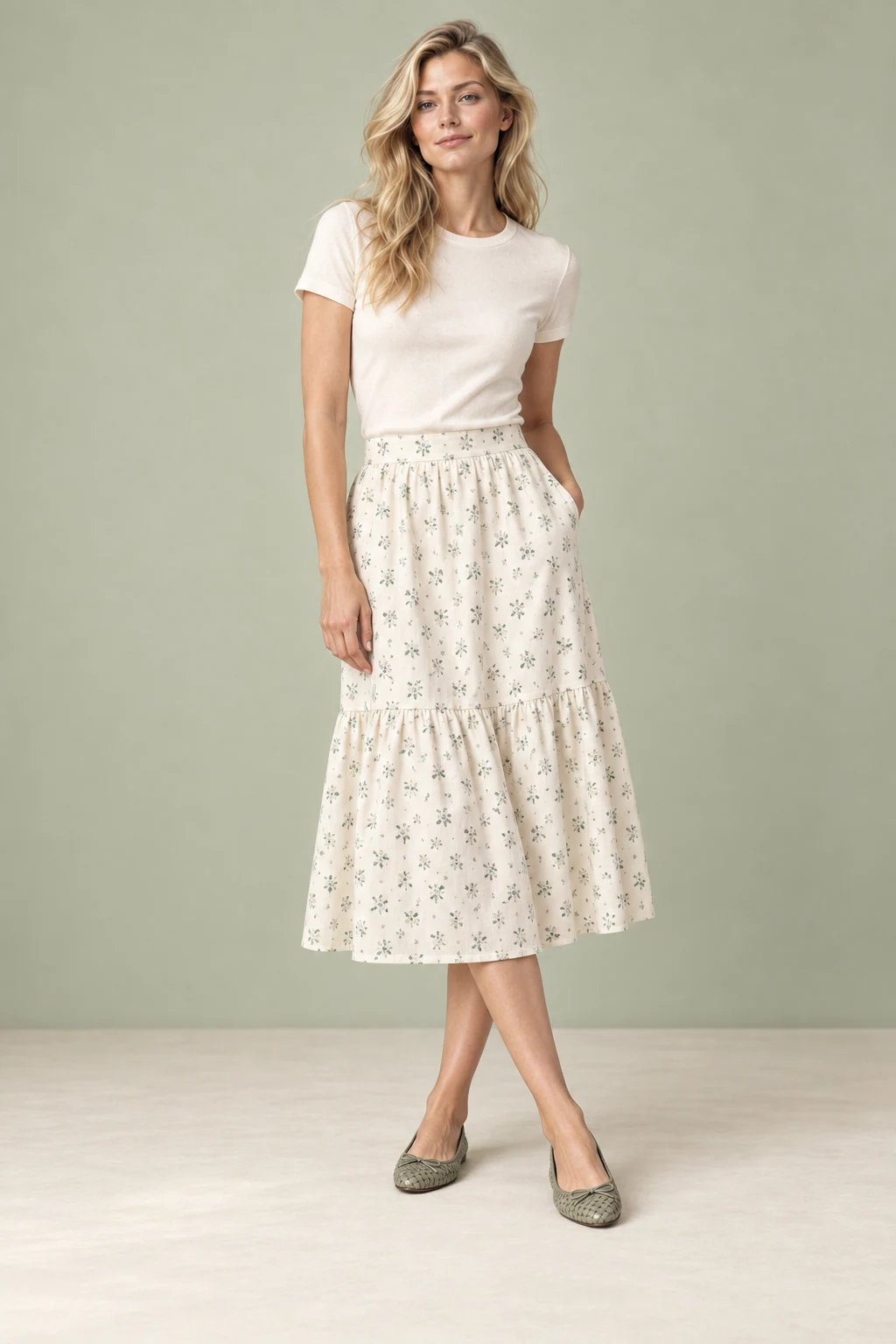 The meadow tiered skirt, shown on the sample model