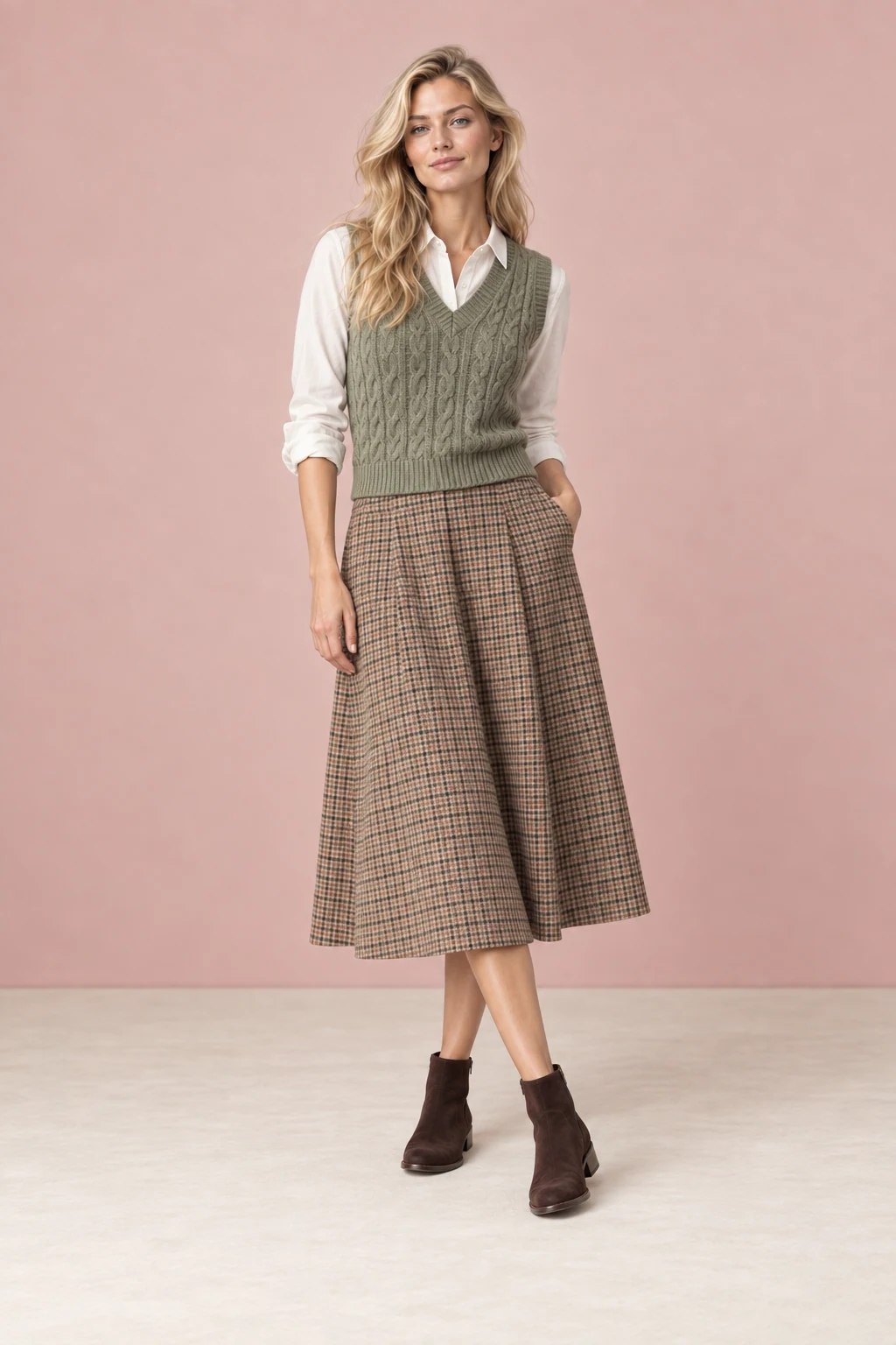 The moss cable vest, shown on the sample model