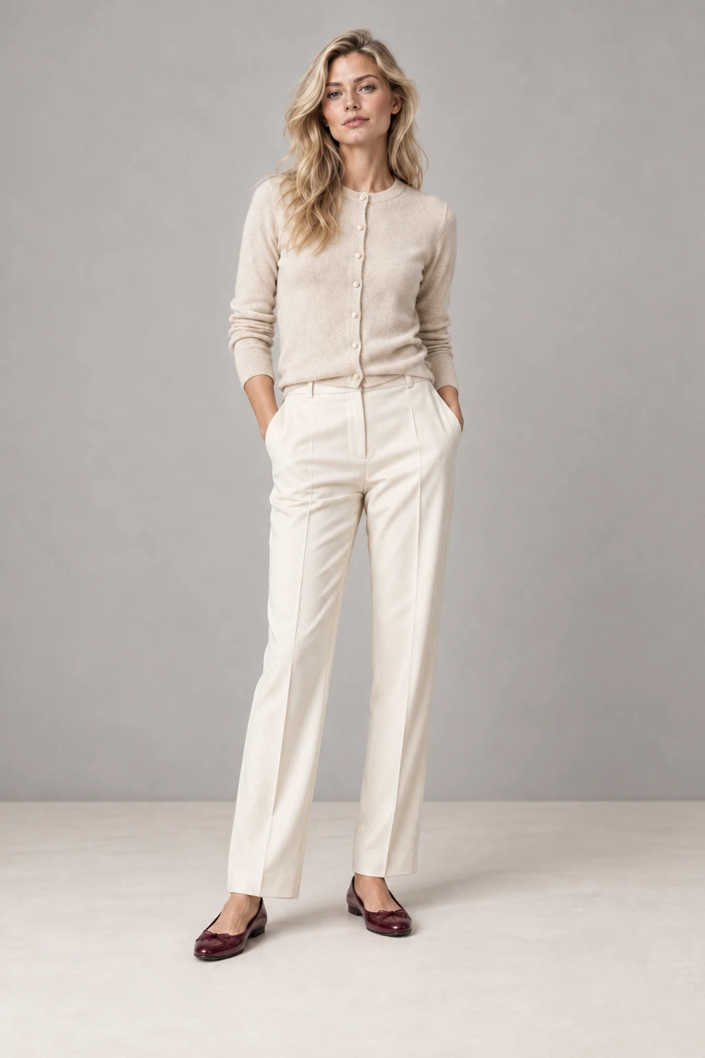 The oat cardigan, shown on the sample model
