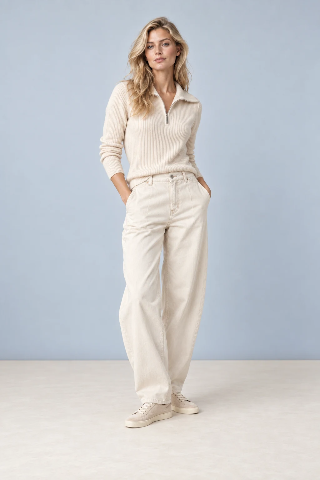 The oatmeal half-zip, shown on the sample model