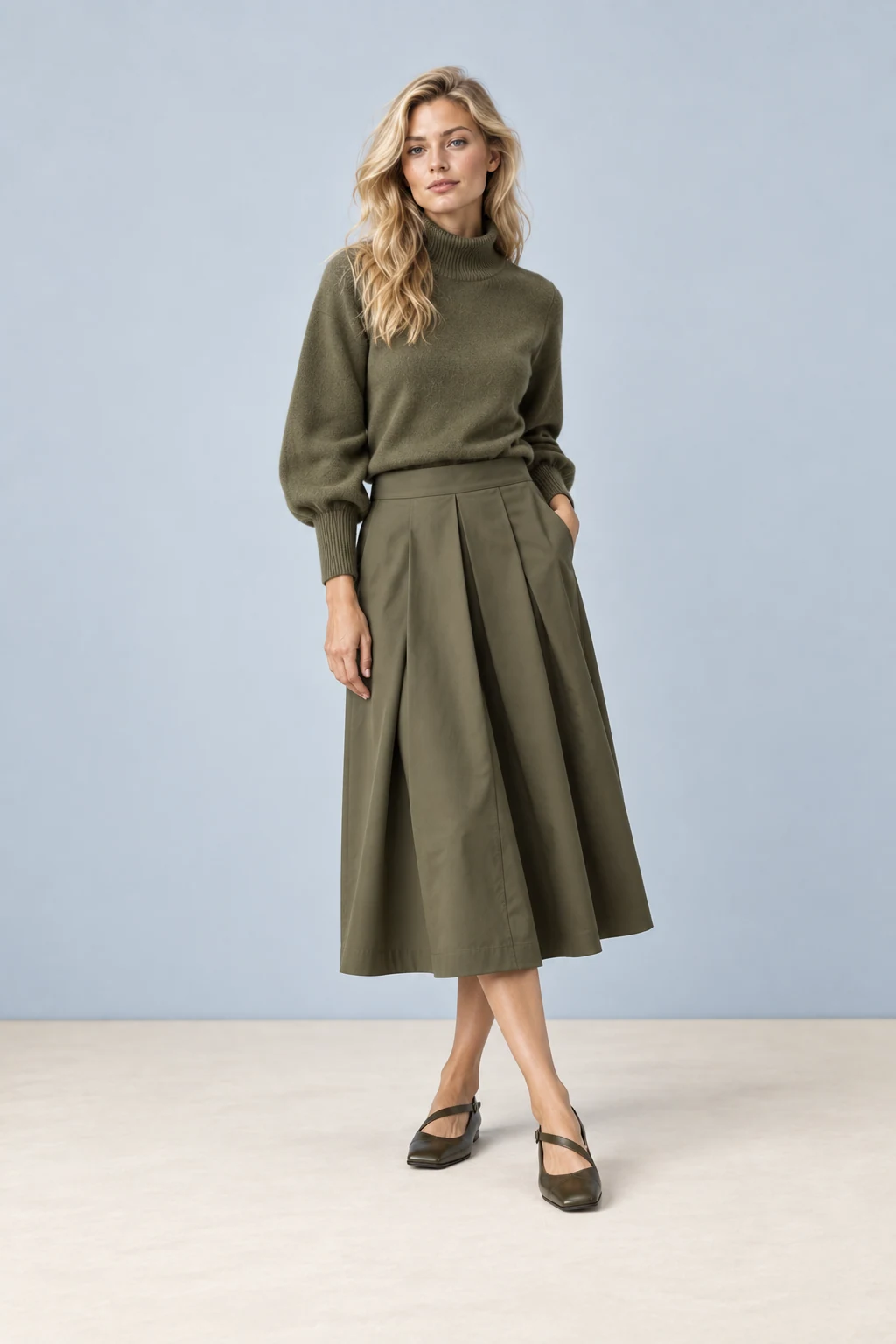 The olive funnel knit, shown on the sample model