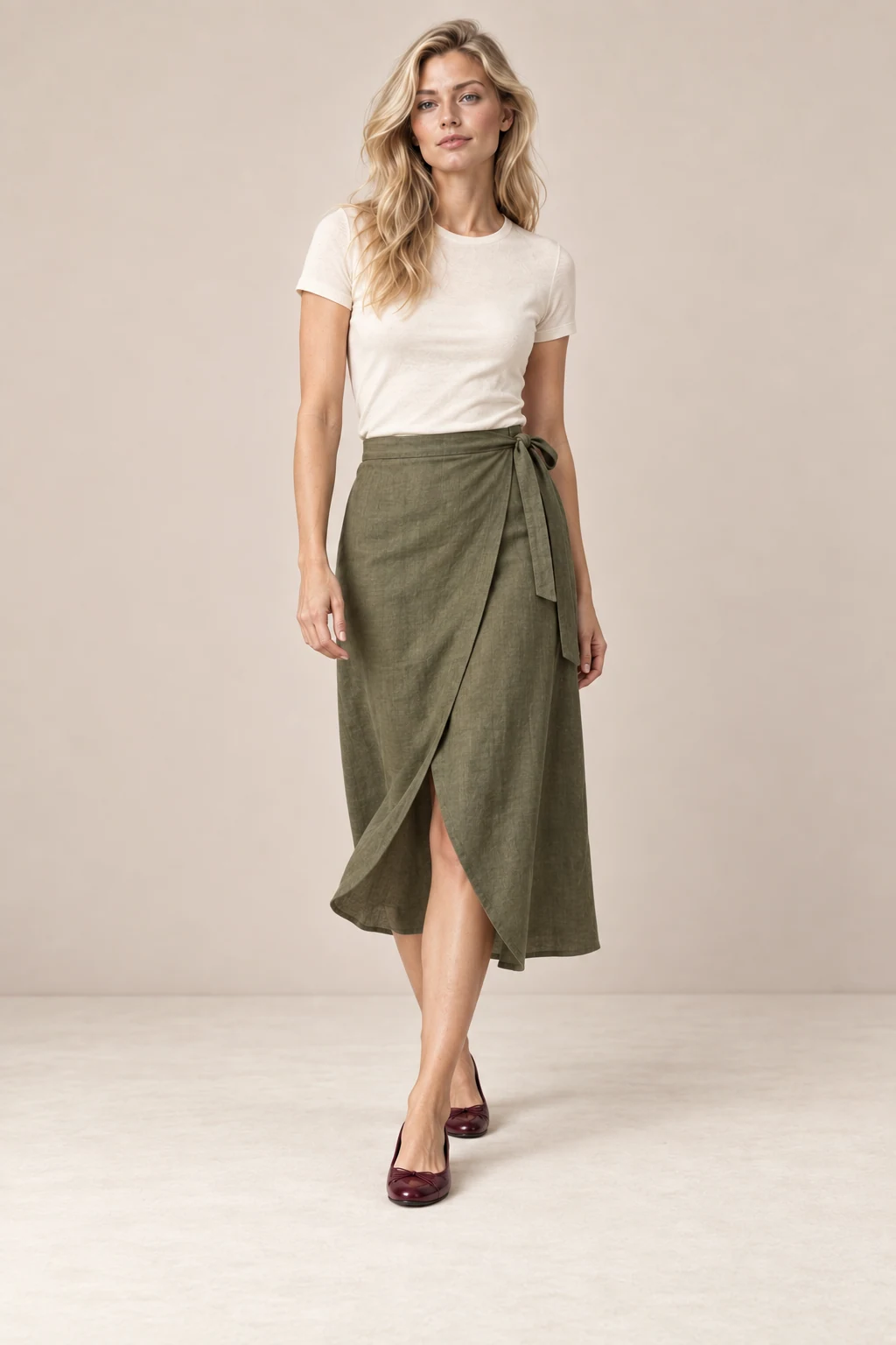 The olive wrap skirt, shown on the sample model