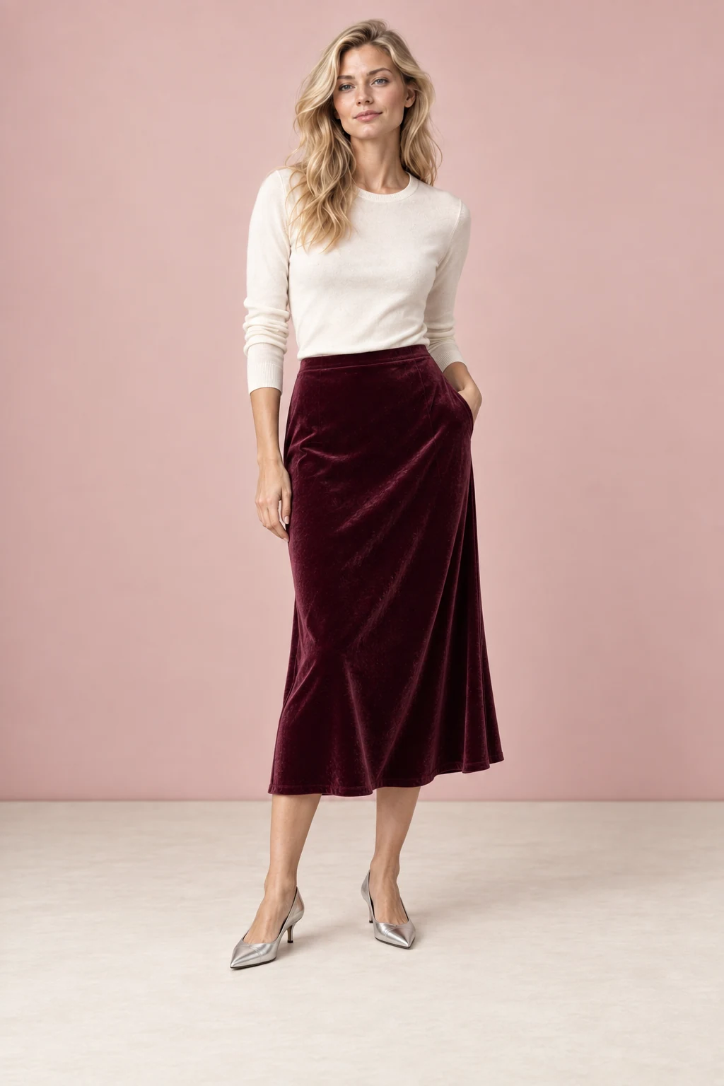 The plum velvet skirt, shown on the sample model