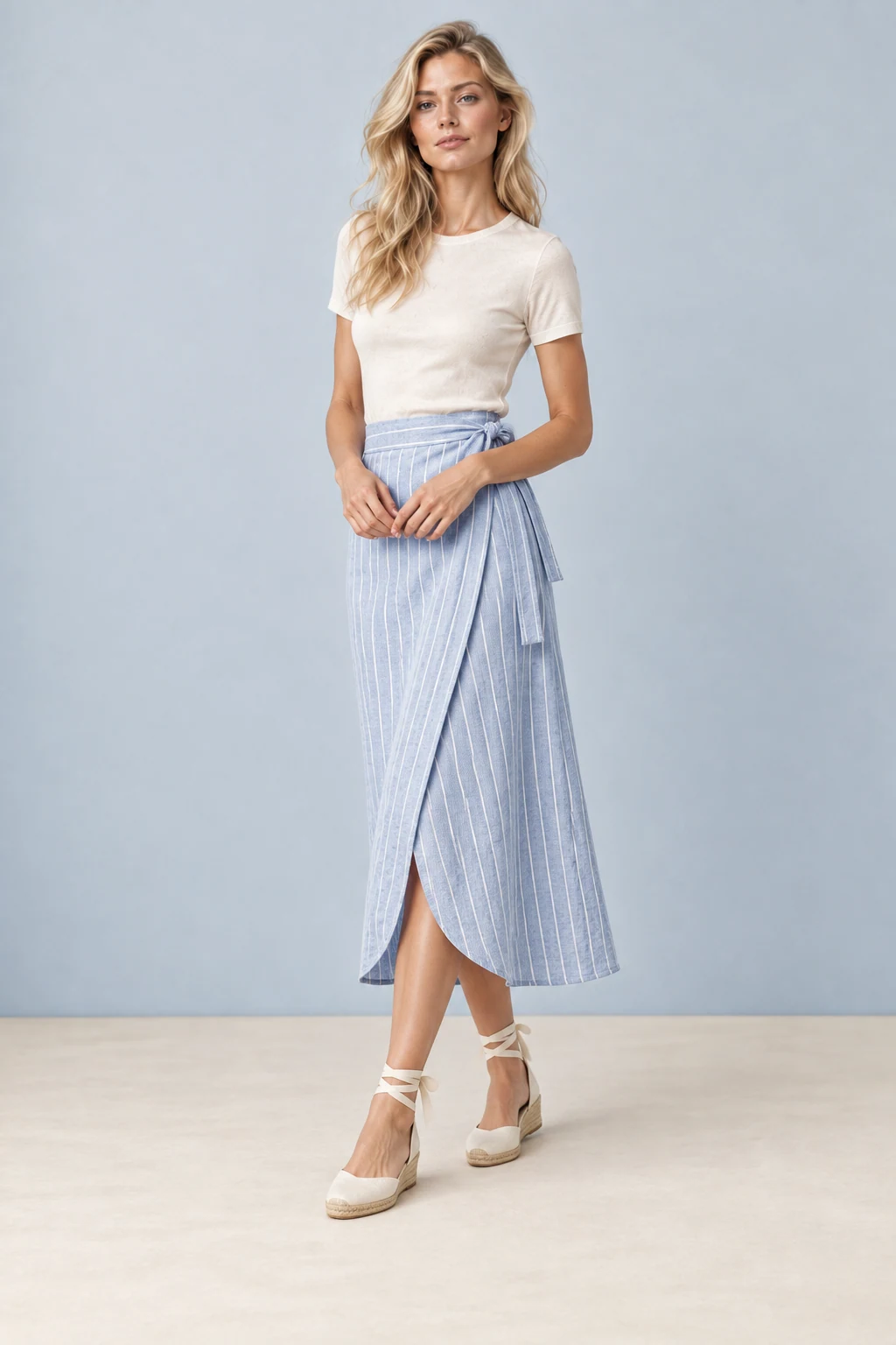 The postcard wrap skirt, shown on the sample model