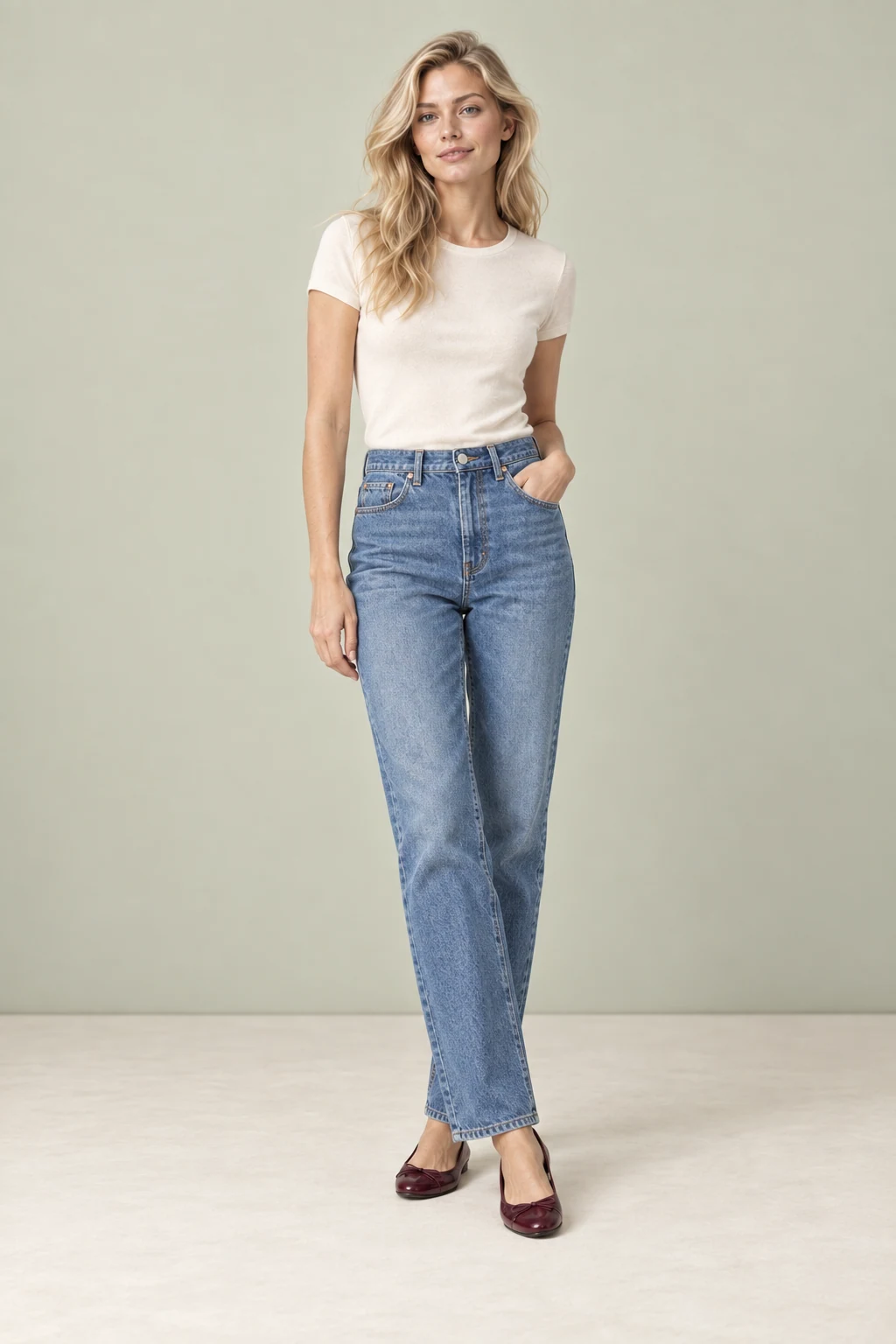 My straight jeans, styled on sample model